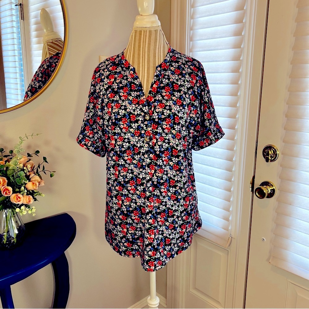Pink and Red Short Sleeve Relaxed Blouse with Mandarin Collar